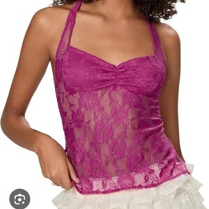Lace See Thru Backless Top, Halter Neck, Magenta Small